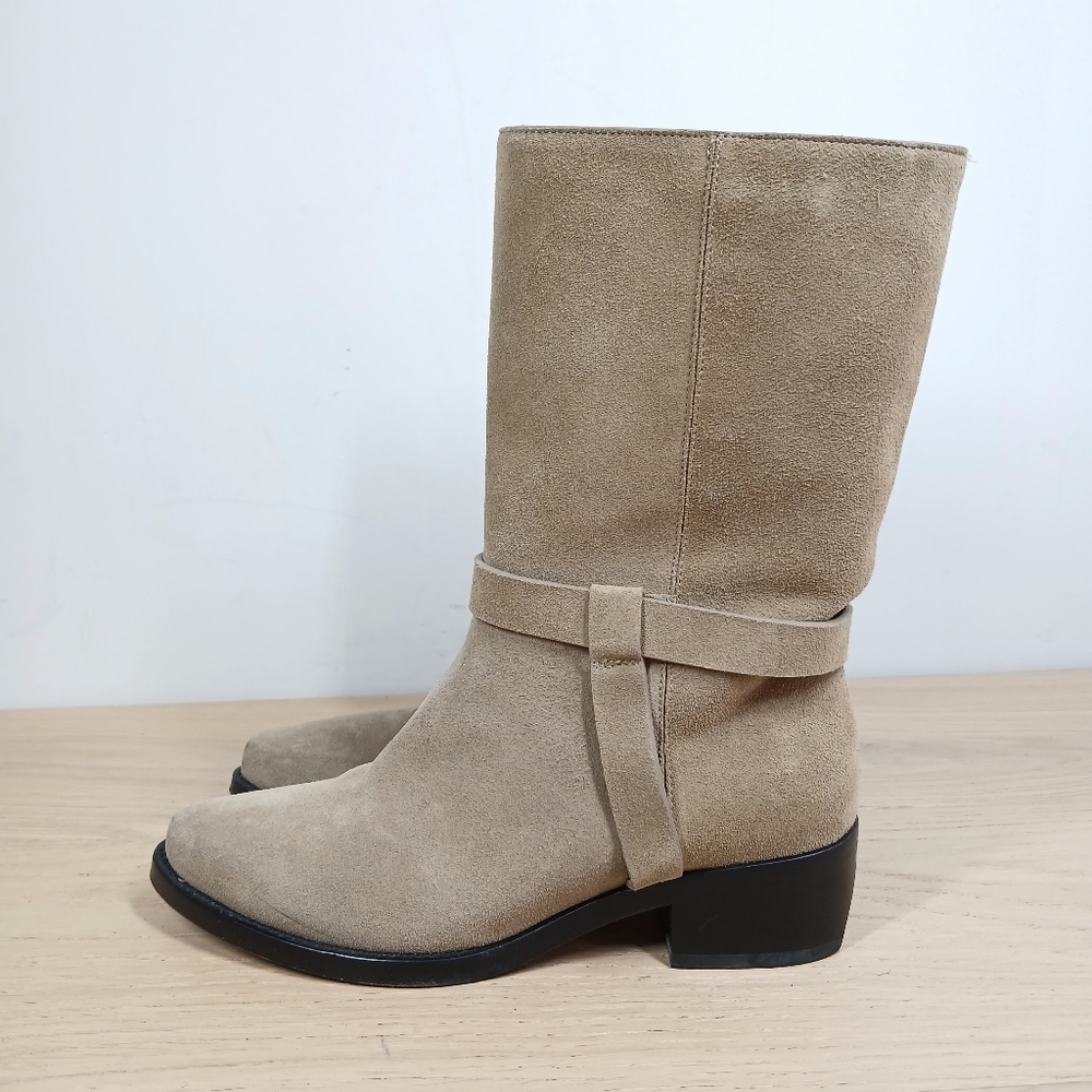 Legres Tan Leather Mid Calf Strap Detail Round Toe Pull On Riding Boots